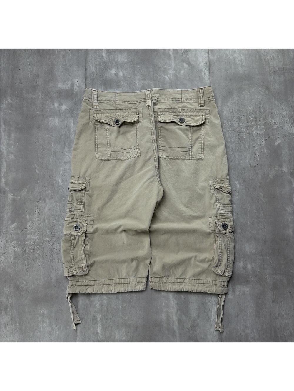 Y2K Beige Plugg Surf Grunge Distressed Capri Cargo Shorts
